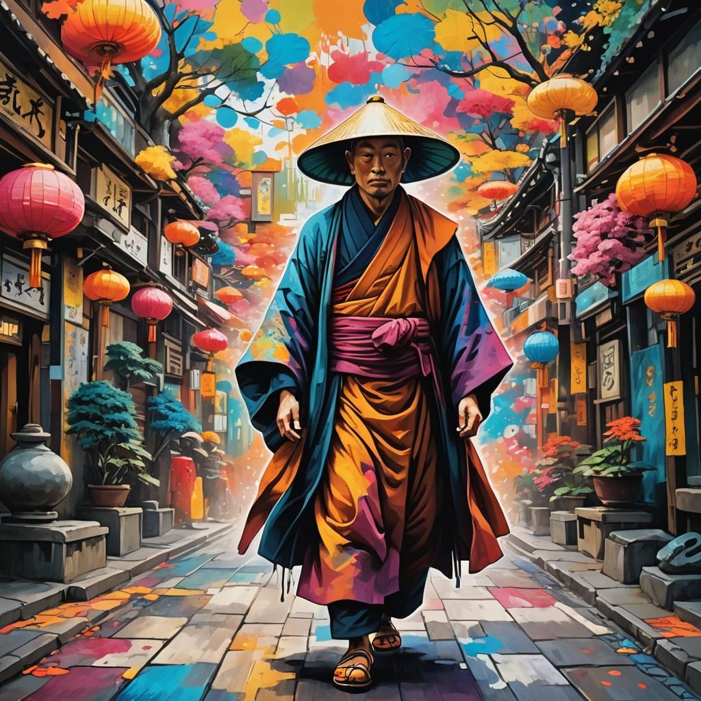 Vibrant Japanese Monk in Hokusai Street Art
