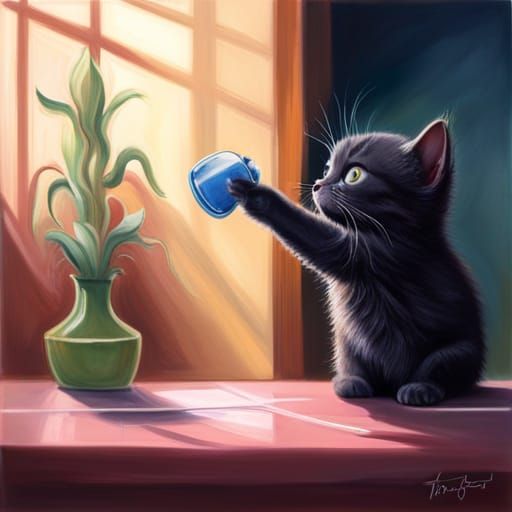 Cute Kitten Tipping Glass in Splash Art Style