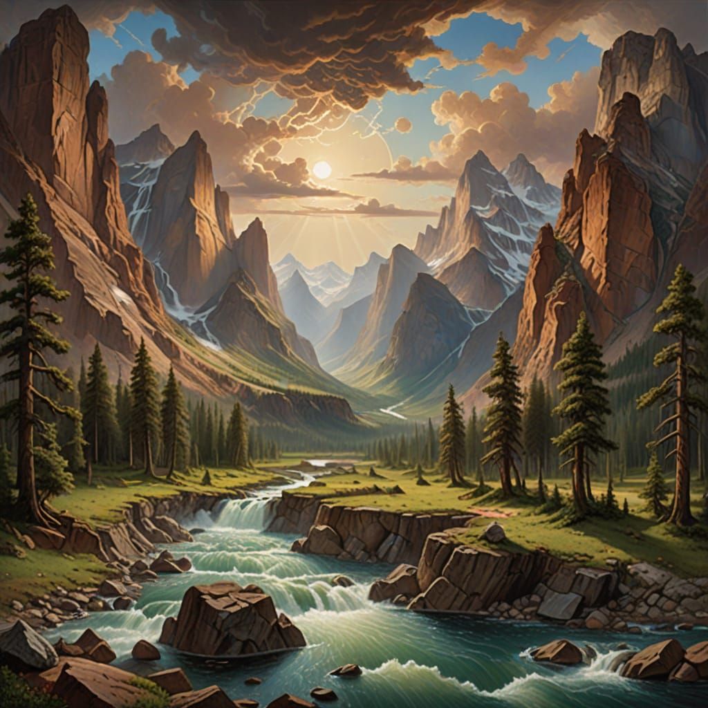 Mountains as Playing Cards, Bierstadt Style Landscape