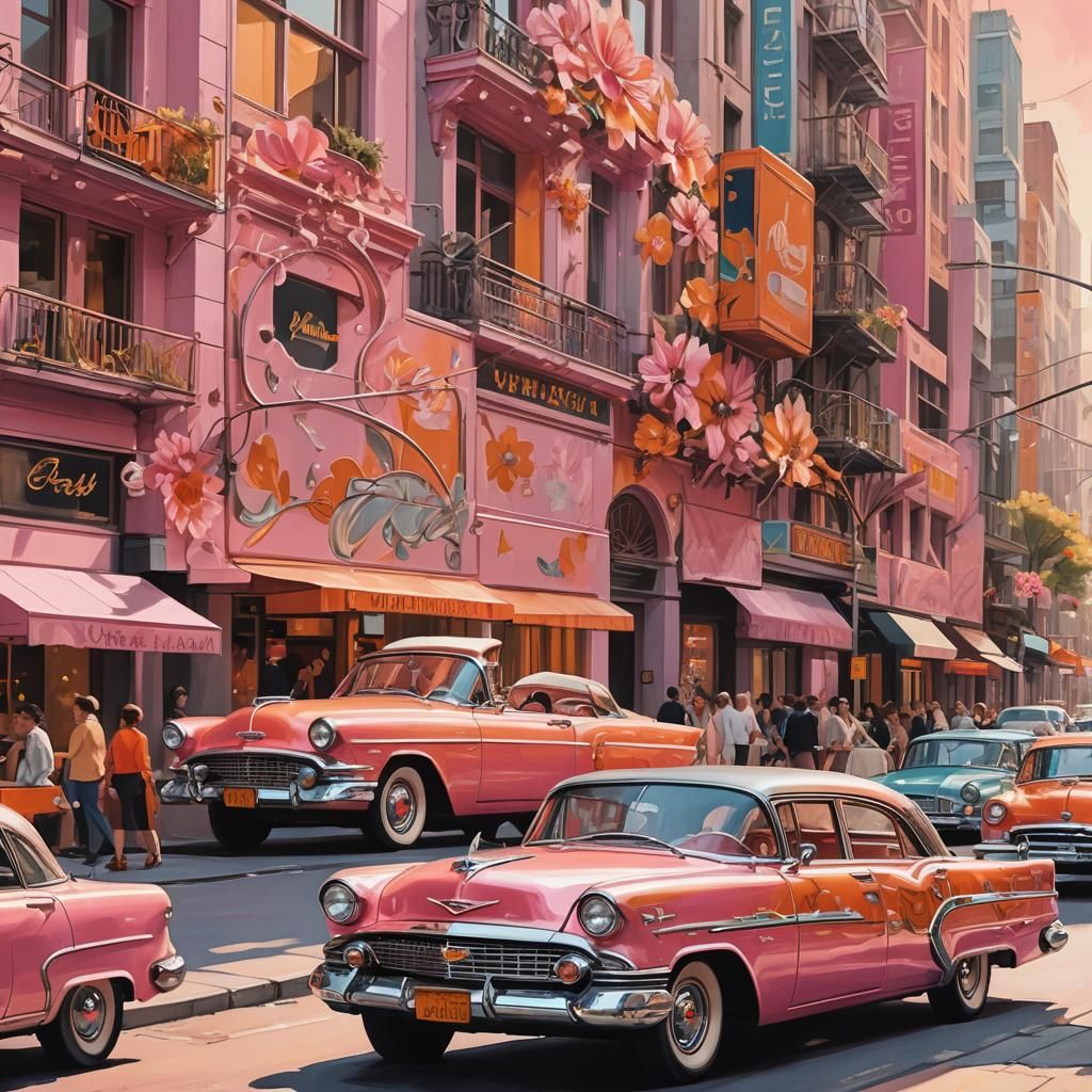 Retro-Futuristic Pink and Orange Vintage Car