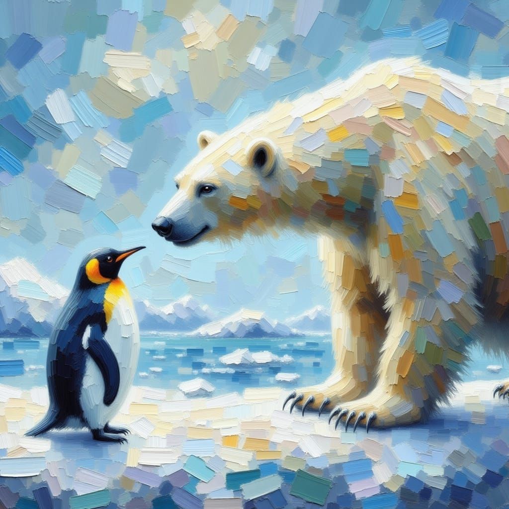 Penguin and Polar Bear in Impasto Style