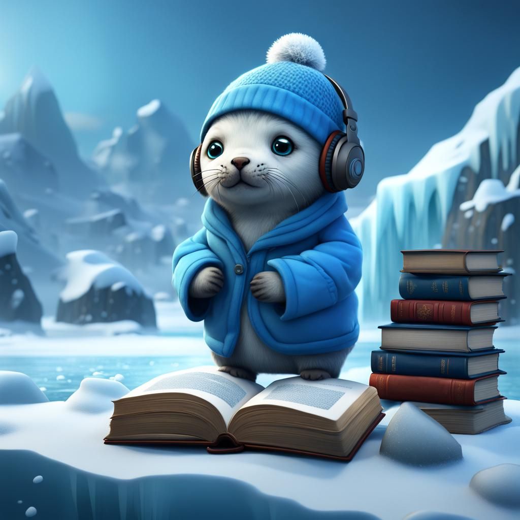 Cute Seal in Pajamas Reading on Ice Floe