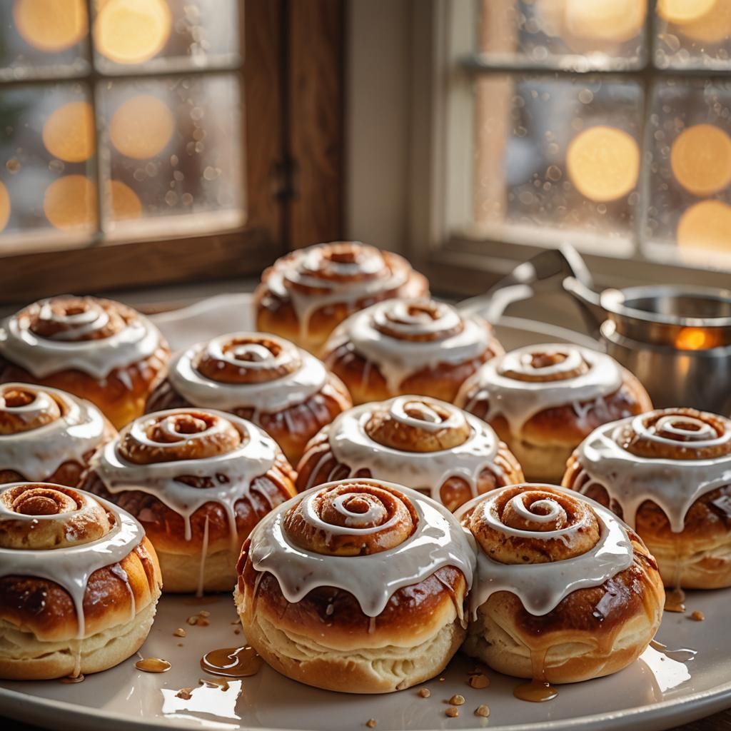 Cinnamon Buns with Icing in Morning Light