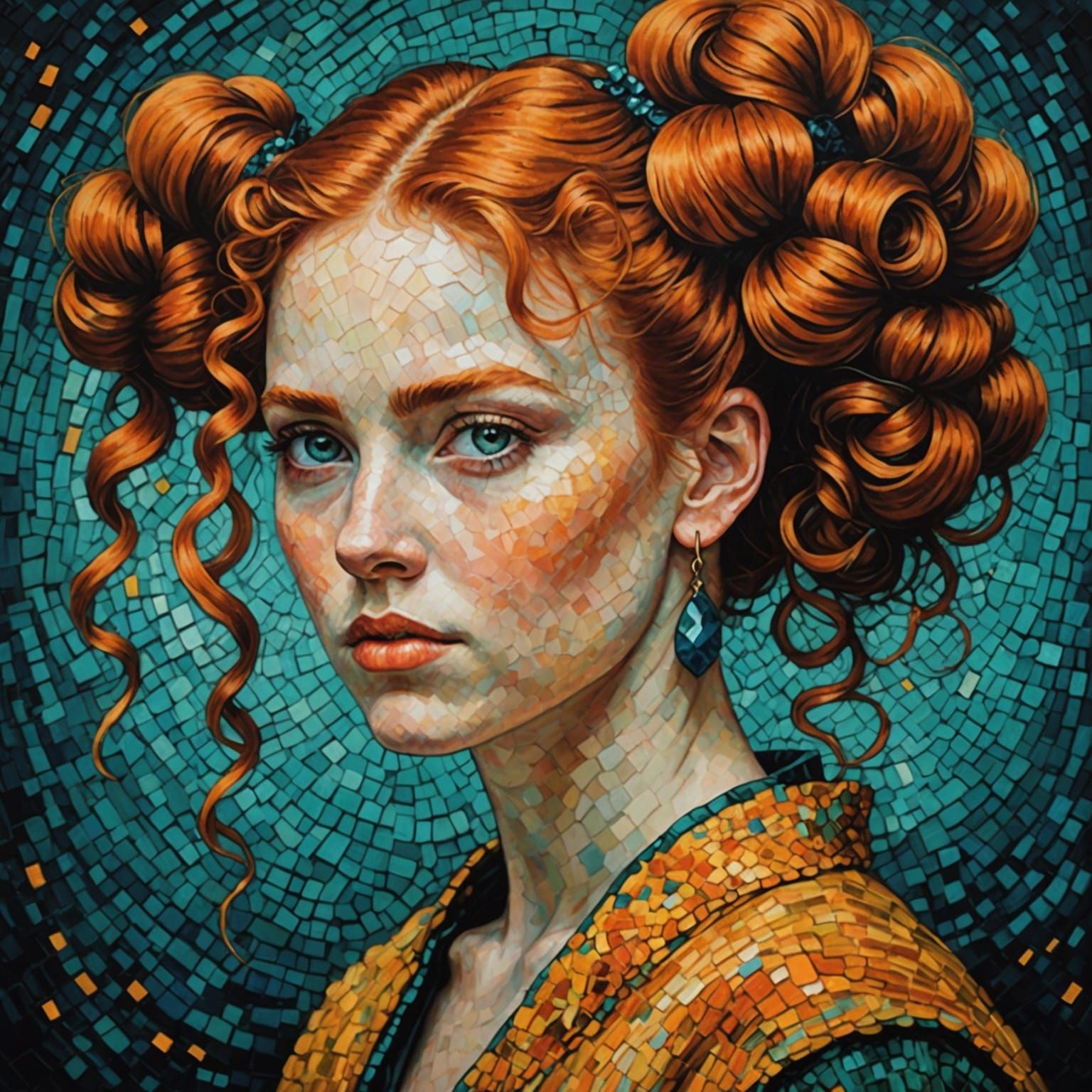 Fiery Haired Girl in Pointillist Fantasy Art