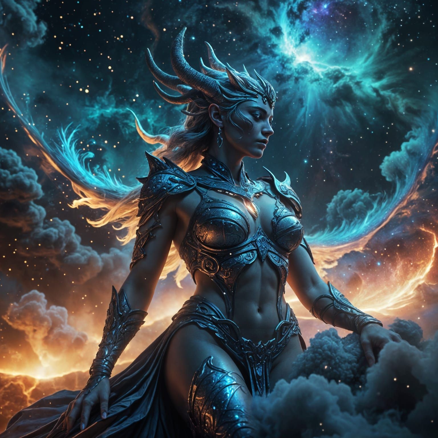 Ethereal Tiamat Slumbers in Nebula as Digital Painting