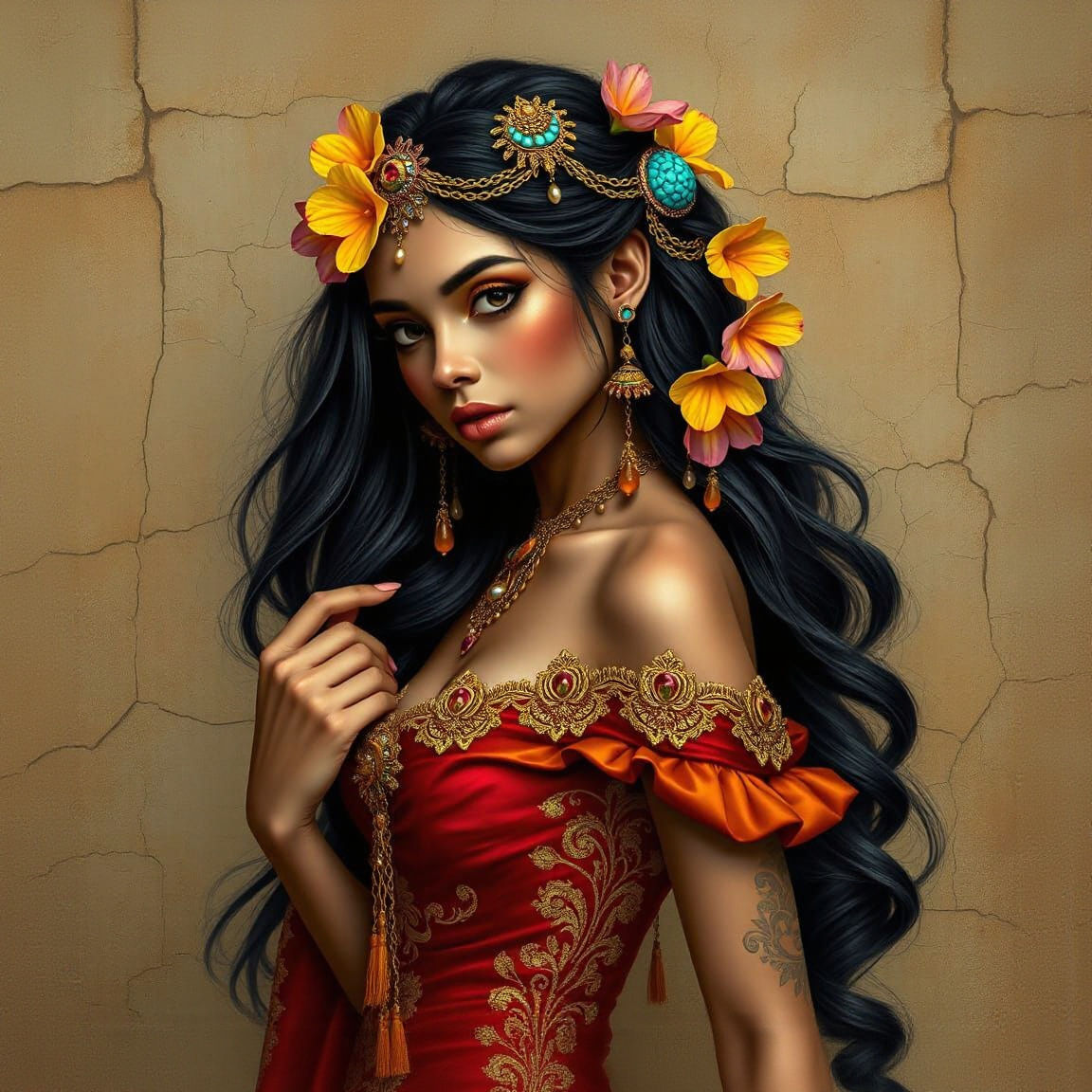 Ornate Amber and Crimson Portrait in Fantasy Art Style