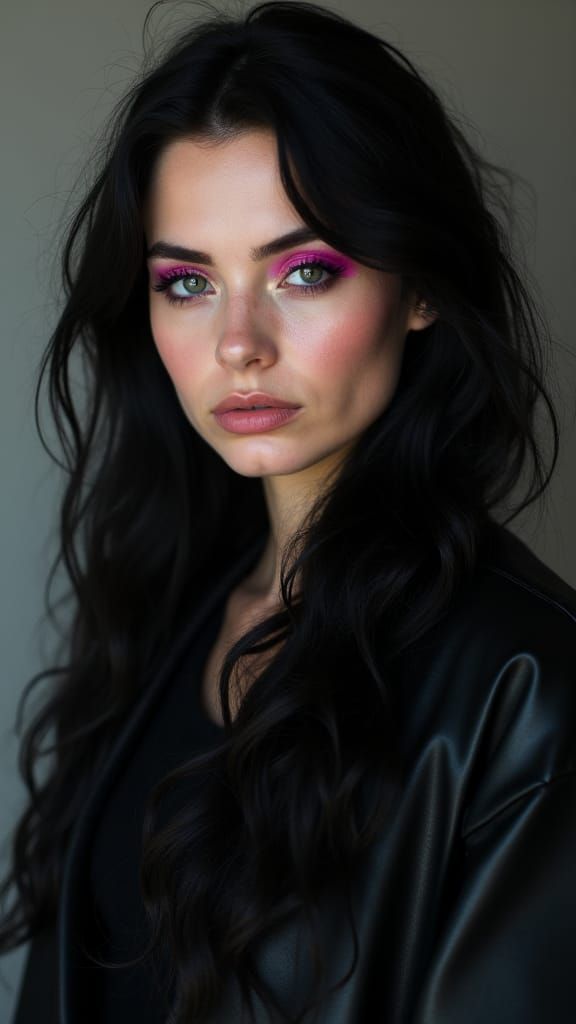 Modern Gothic Witch in Cyberpunk Cityscape