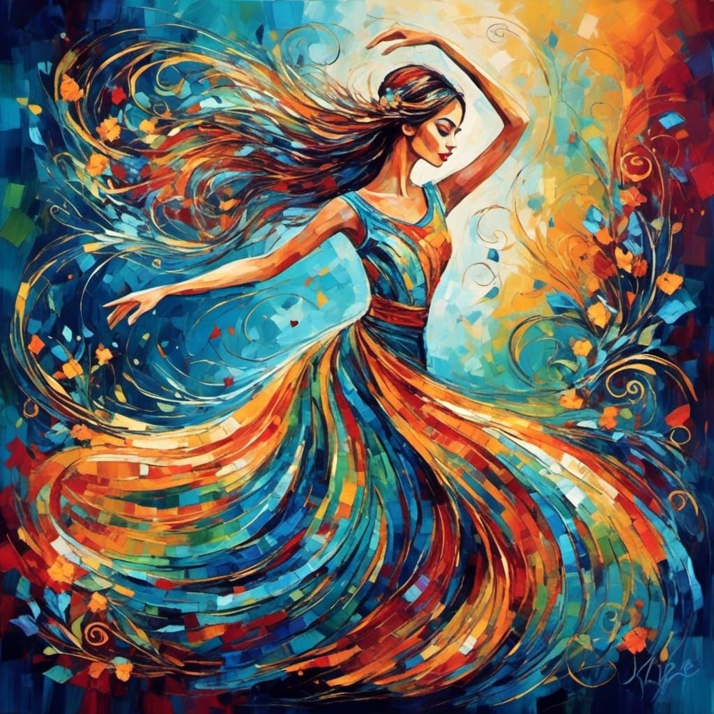 Abstract Calligraphy Dancer in Neon Art Style