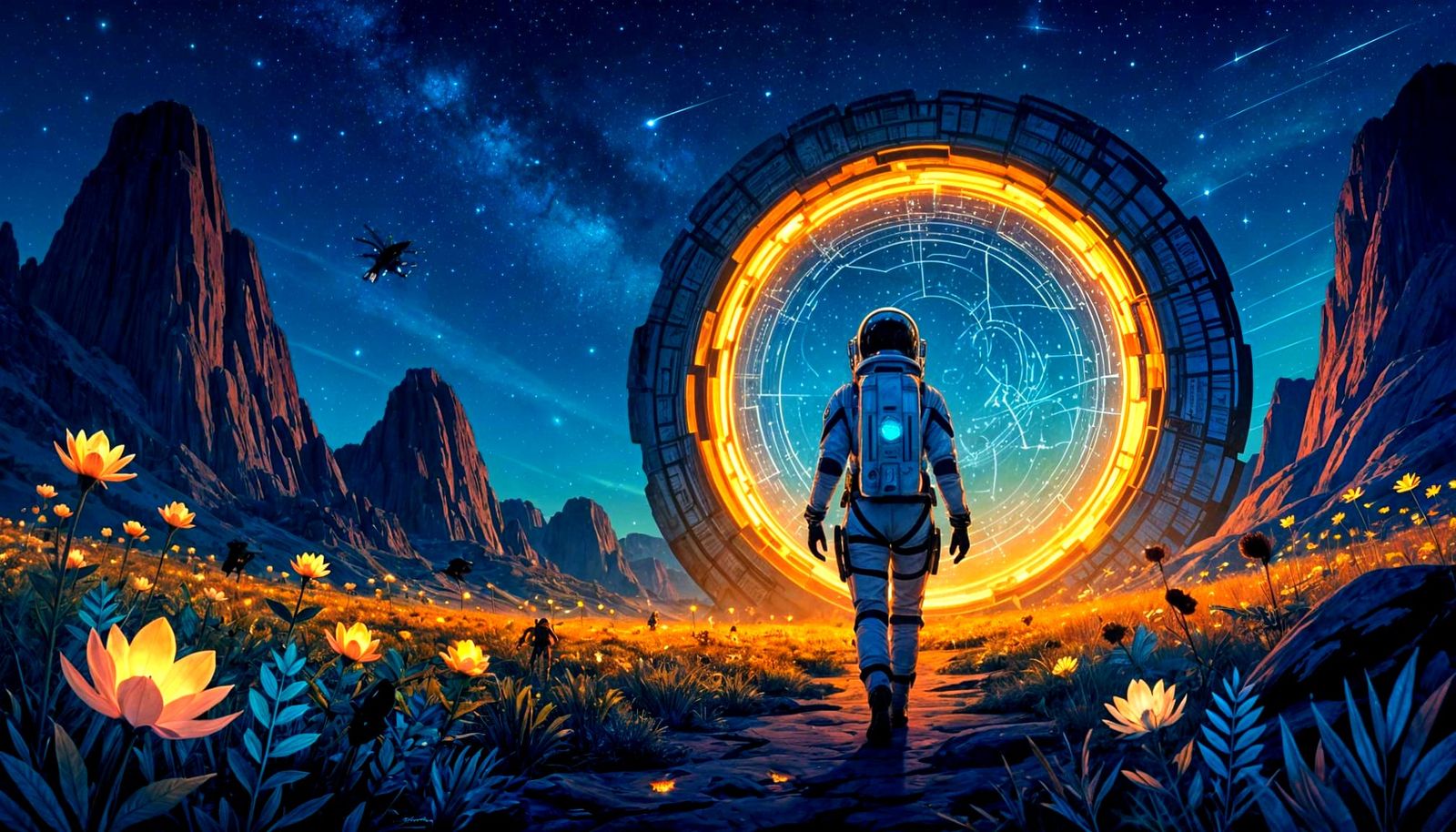 Sci-Fi Explorer Approaches Glowing Alien Portal