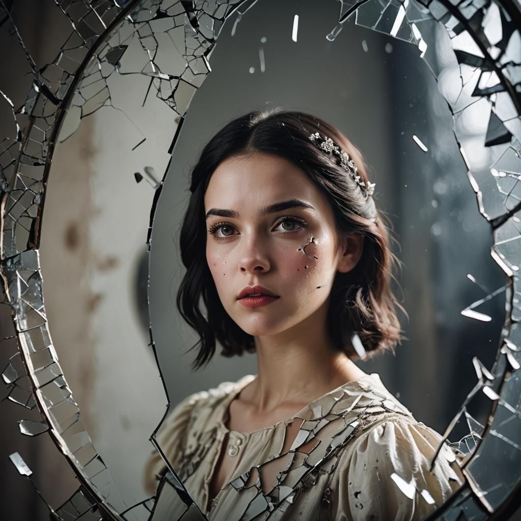 Girl and Cracked Mirror: Professional Color Portrait