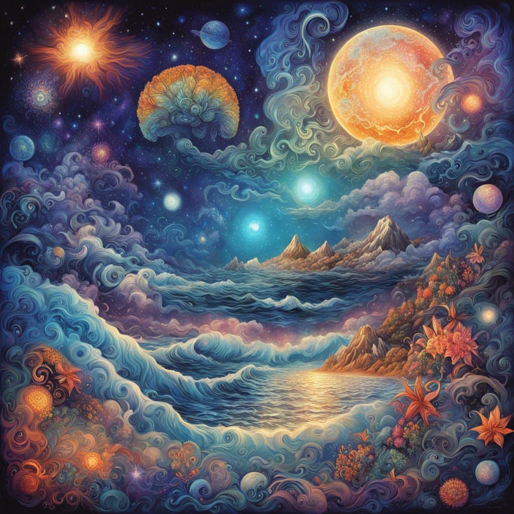 Cosmic Surrealist Waves in Vibrant, Iridescent Colors