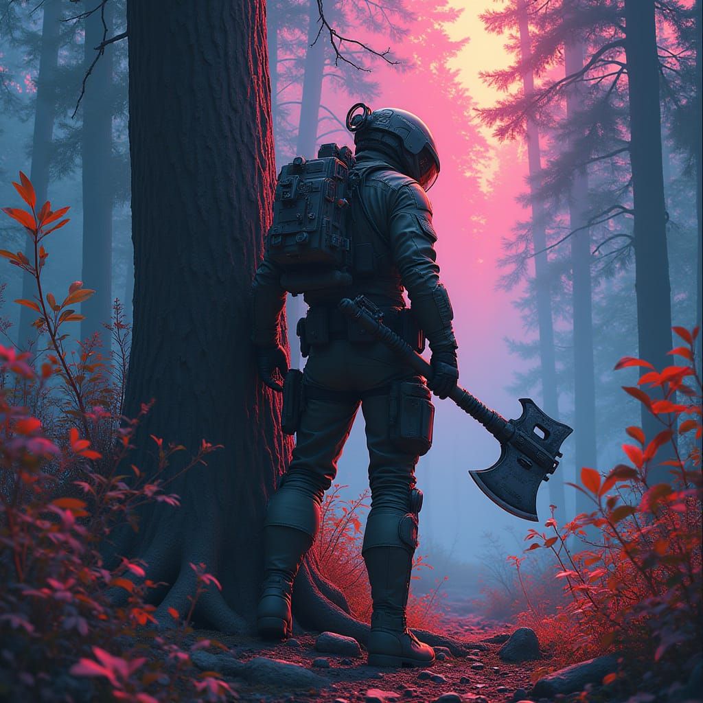 Cyberpunk Park Ranger in Neon Forest