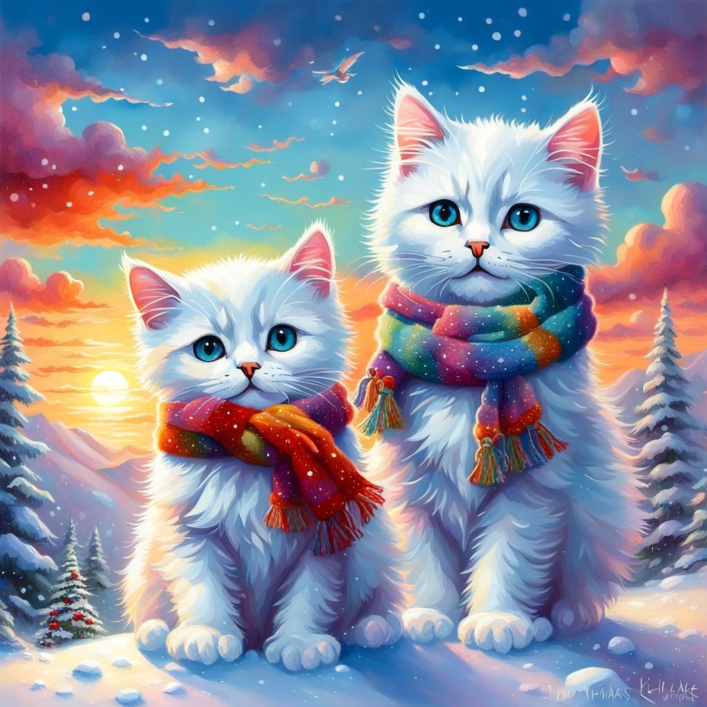 Cute Kittens and Snowman at Sunset