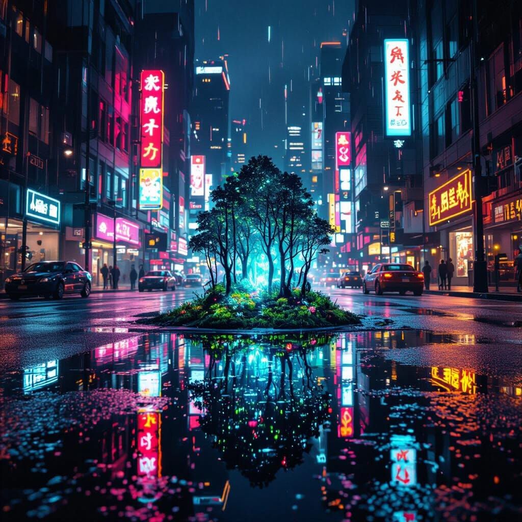Neon Urban Nightscape With Hidden Alien Forest