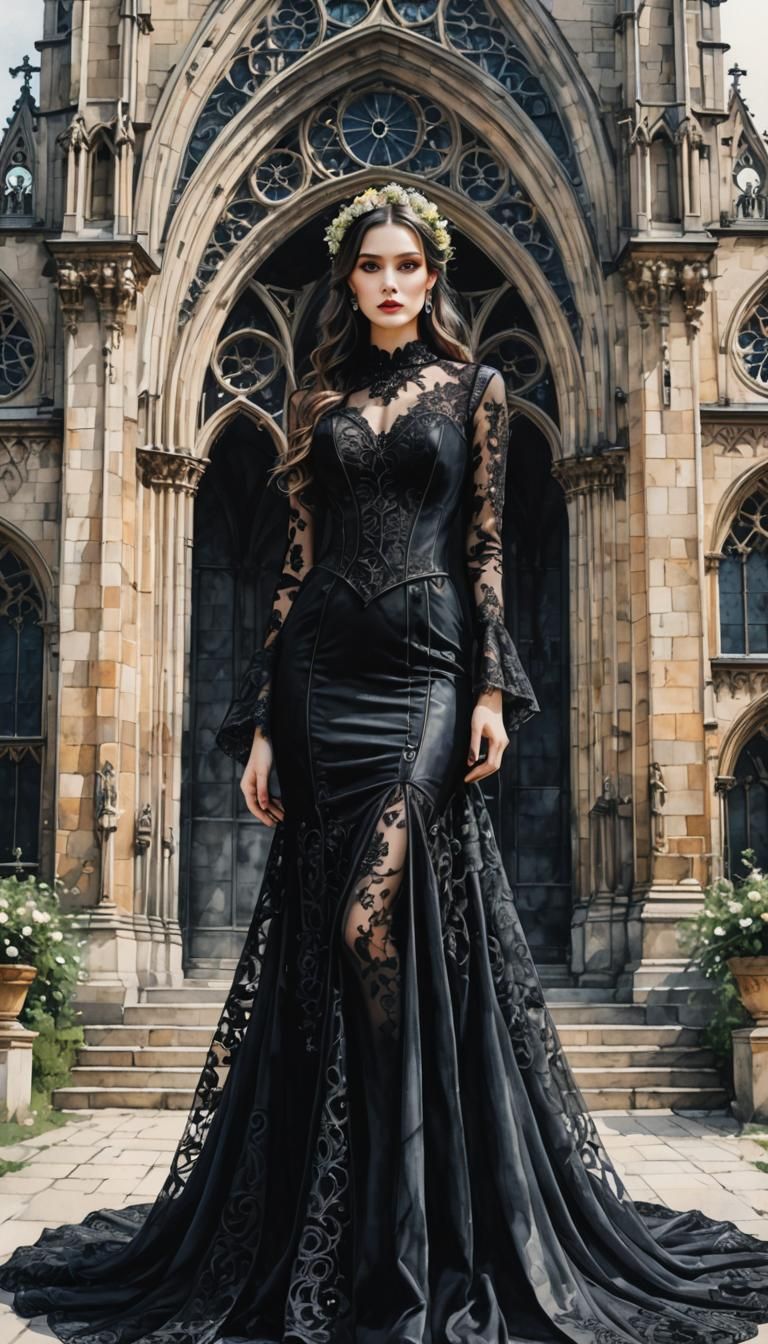 Gothic Girl in Black Lace Dress, Watercolor Art