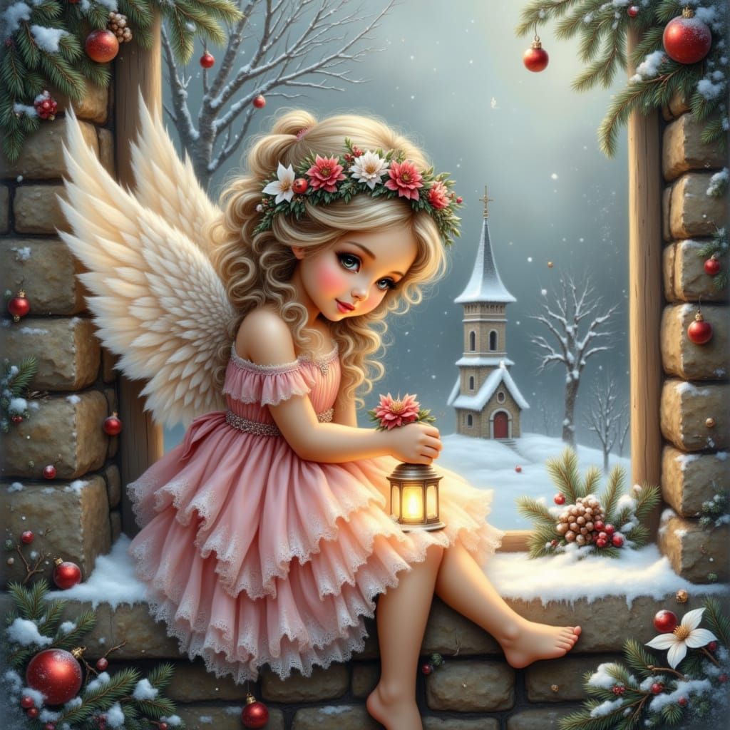 Angel with Lantern on Snowy Ledge