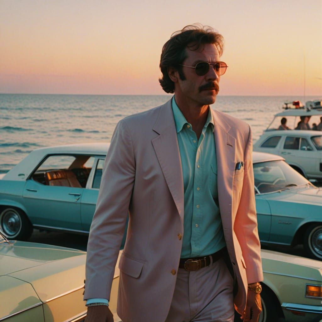 FBI Agent in Yacht Rock Aesthetic with Vintage Car