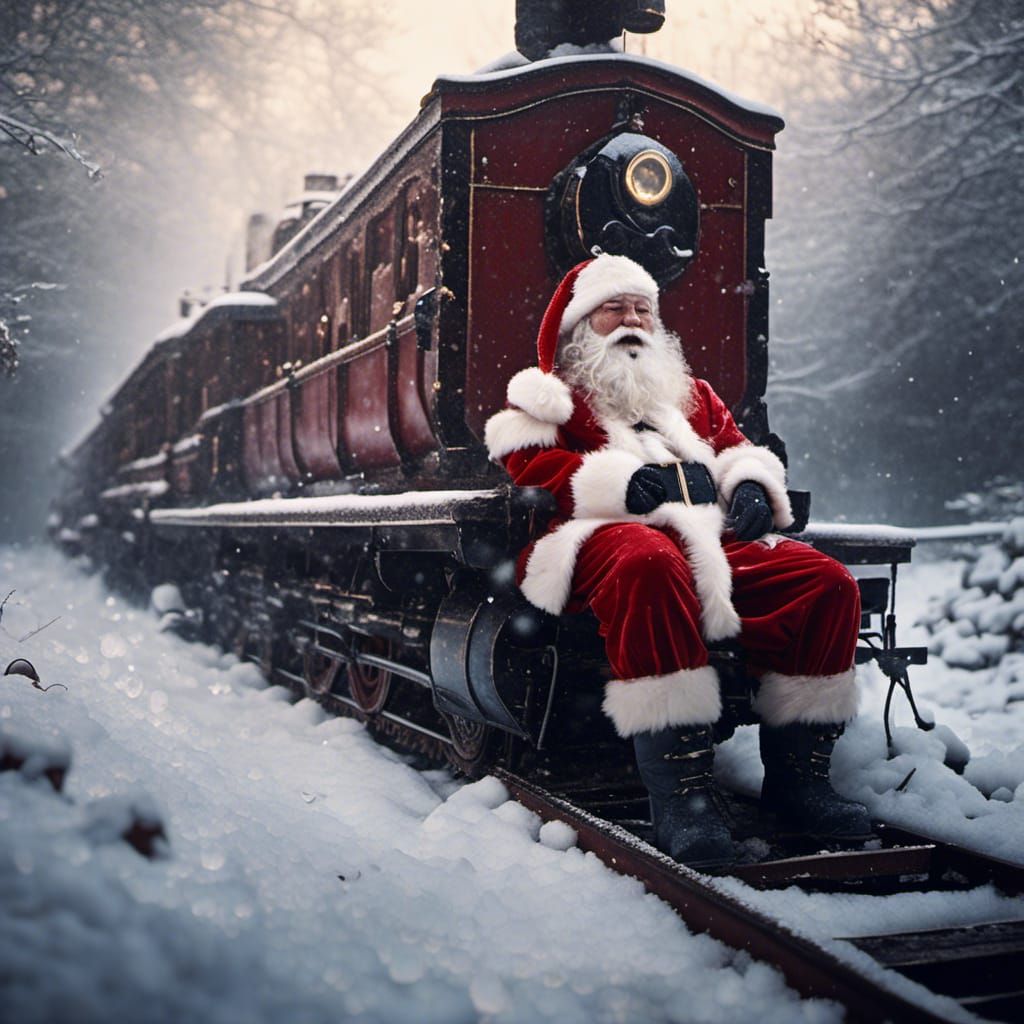Santa on Steam Train in Hyperrealistic Style