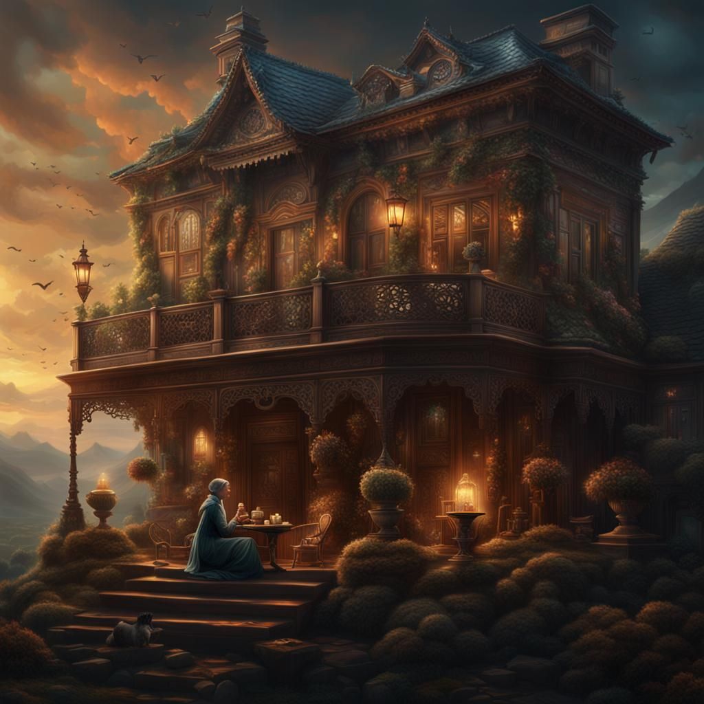 Brown Lady Drinking Tea on Her House: Digital Painting