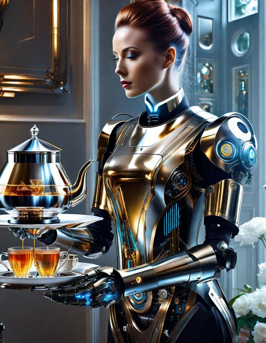 A futuristic full body portrait of a Robot Butler serving tea, clad in mechanical and cyborg metallic attire, radiating ...