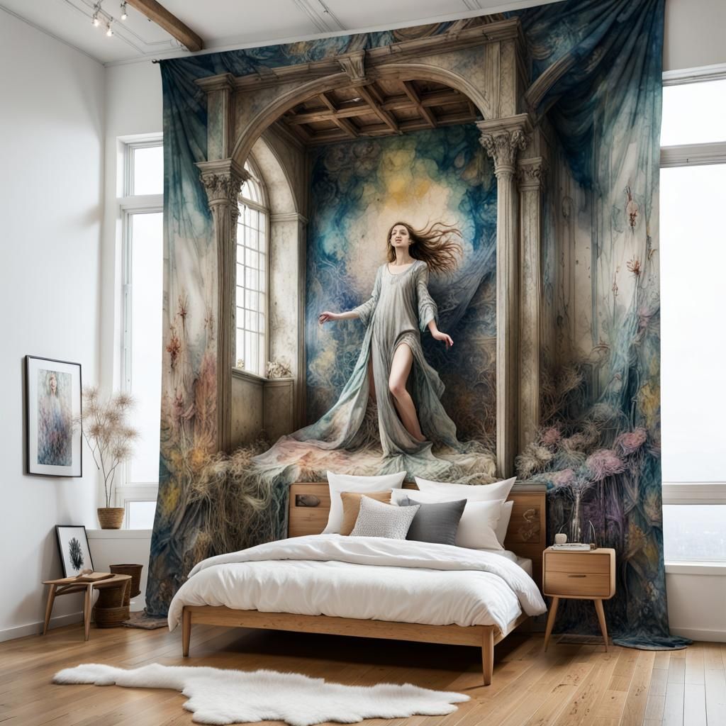 Watercolor Room with Tapestry, Pre-Raphaelite Style