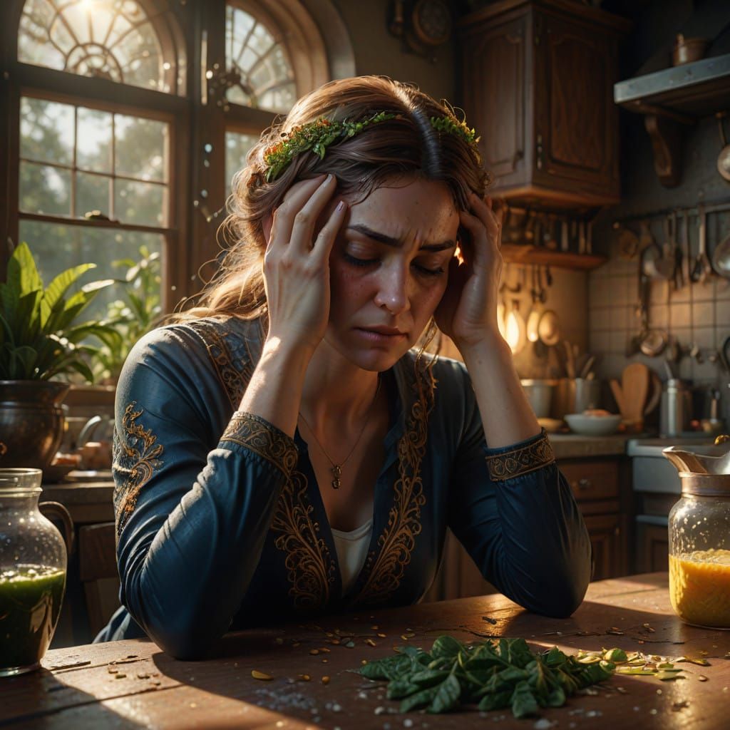 Desperate Woman in Sunlit Kitchen, Cinematic Fantasy Art