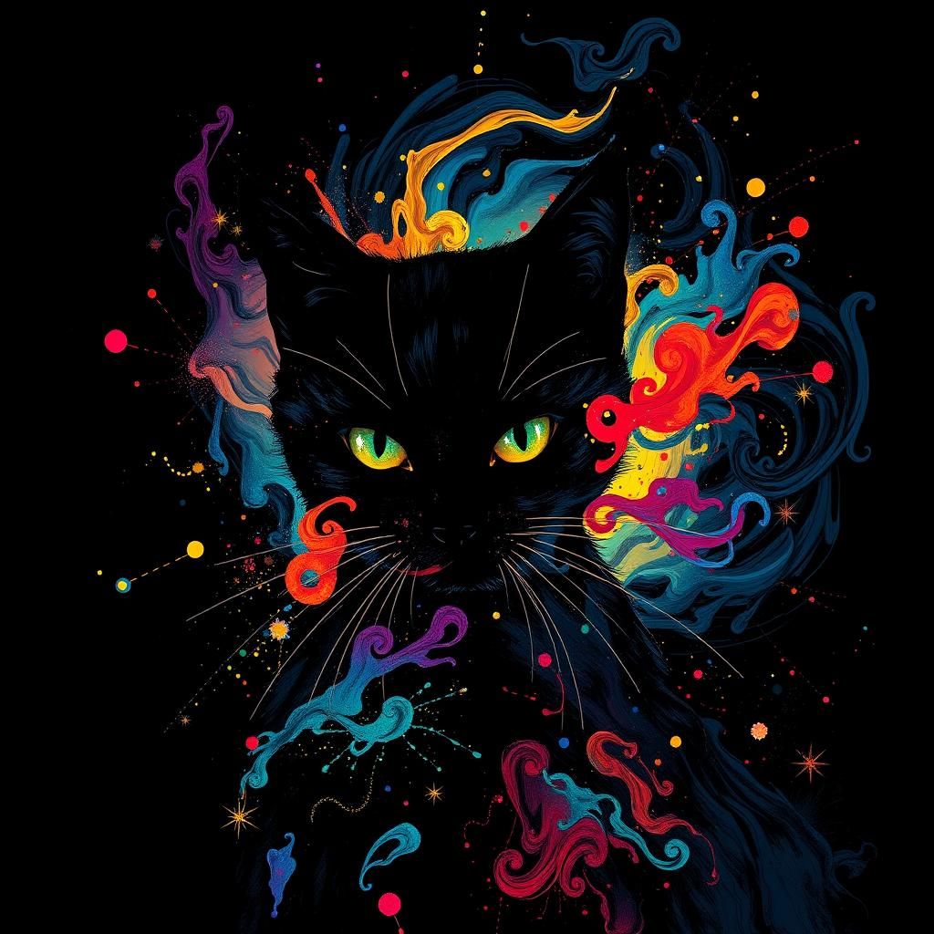 Abstract Cat in Van Gogh Swirls with Color Explosion