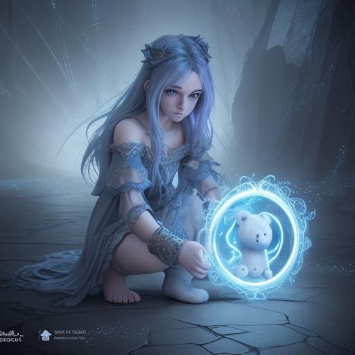 Girl Wizard Summons Teddy Bear Knight in Digital Art