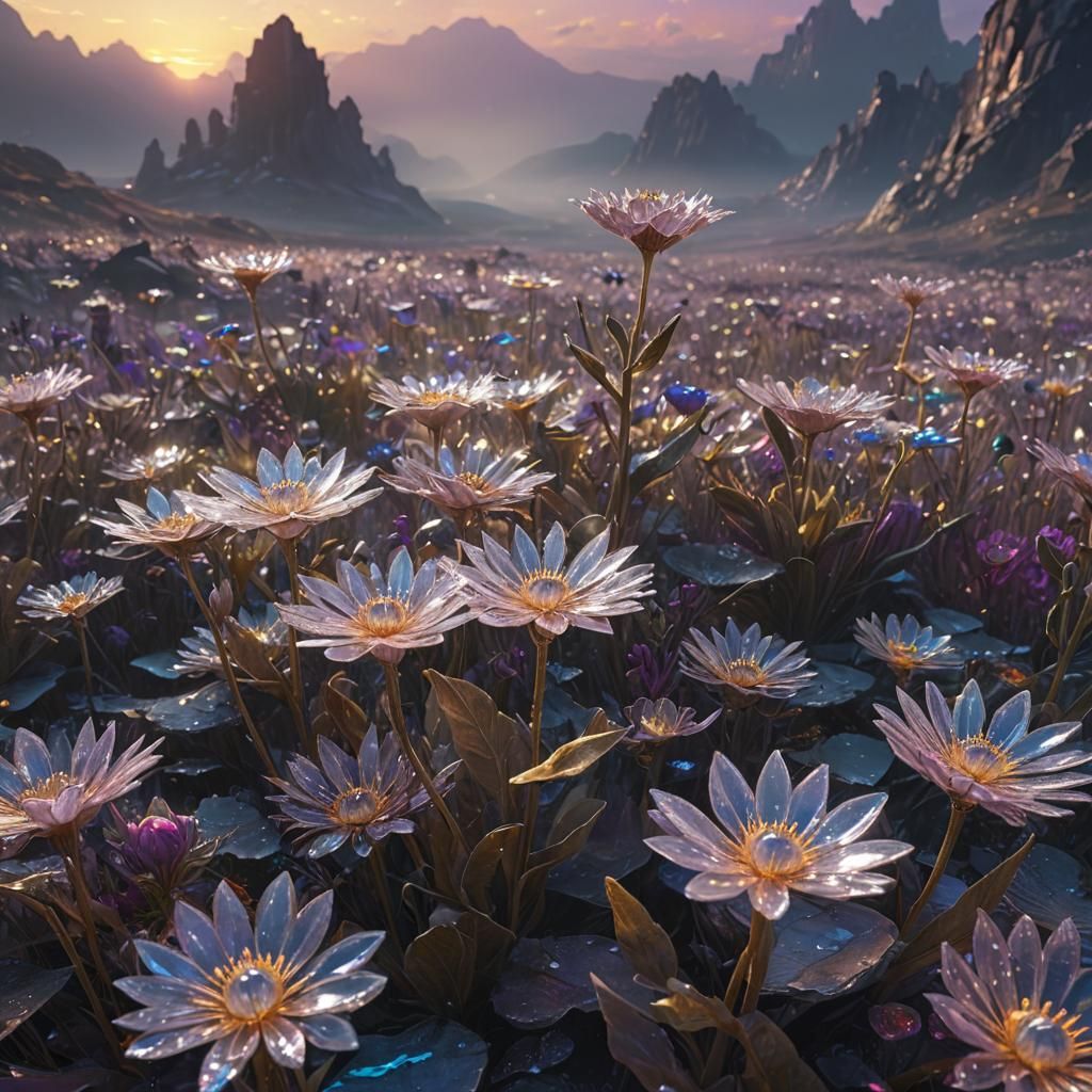 Crystal Flowers in Alien Landscape: Digital Art