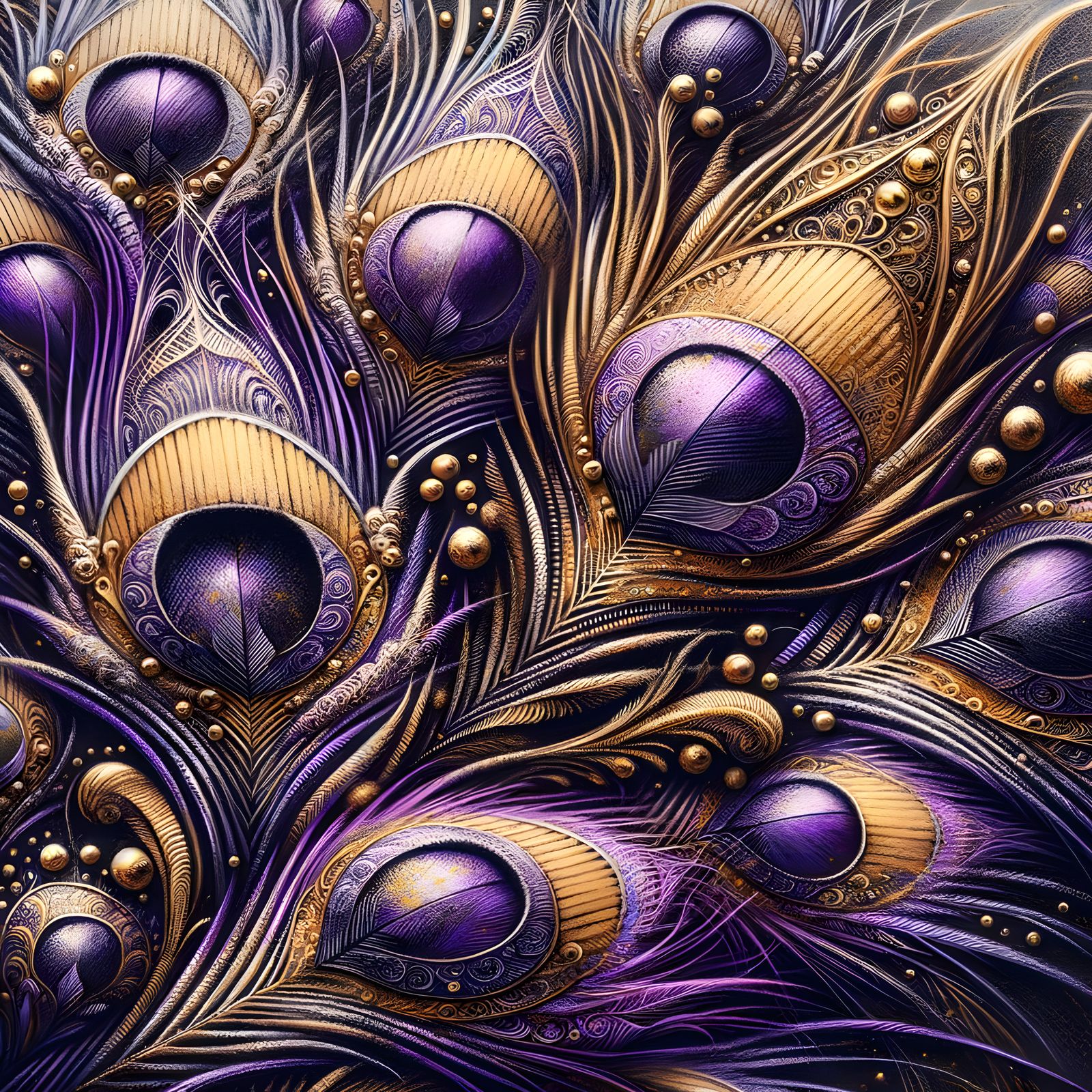 Vibrant Purple and Gold Peacock Feathers in Intricate Macro ...