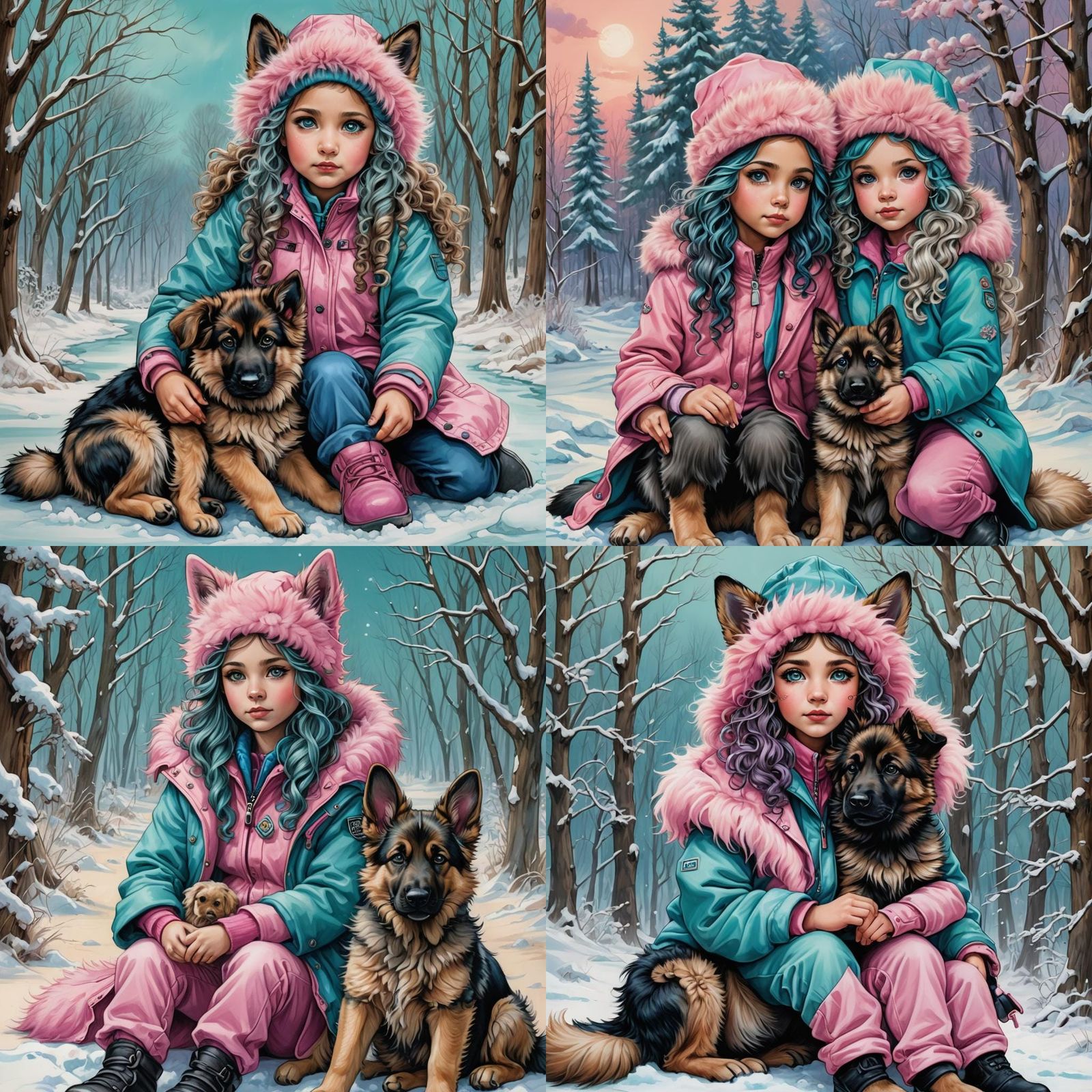 Girls with Dog in Winter Cartoon Art