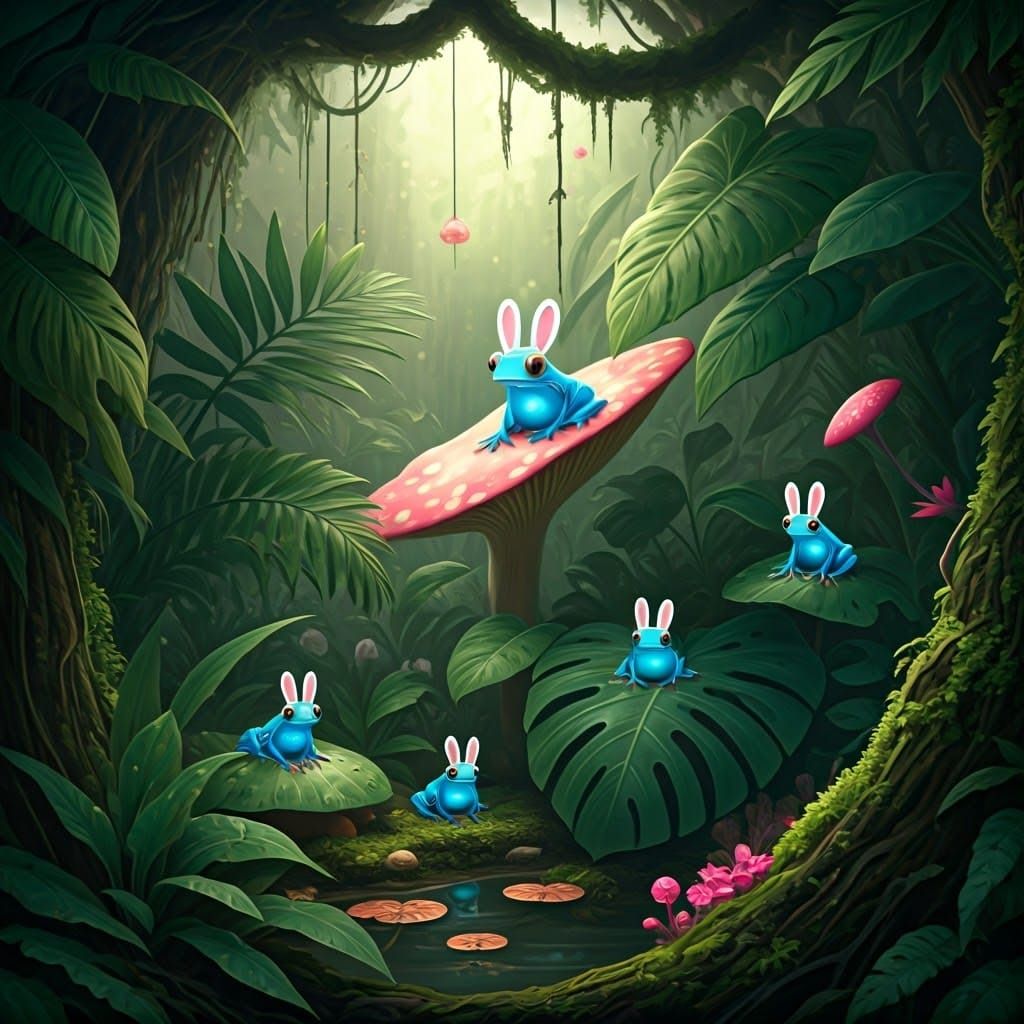 Luminescent Jelly Frogs in Lush Terrarium