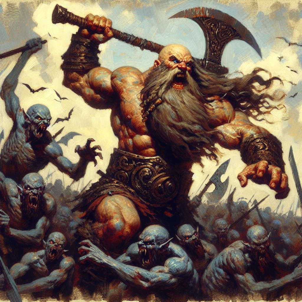 The human fierce bearded and bald barbarian charges in to battle the vampires.