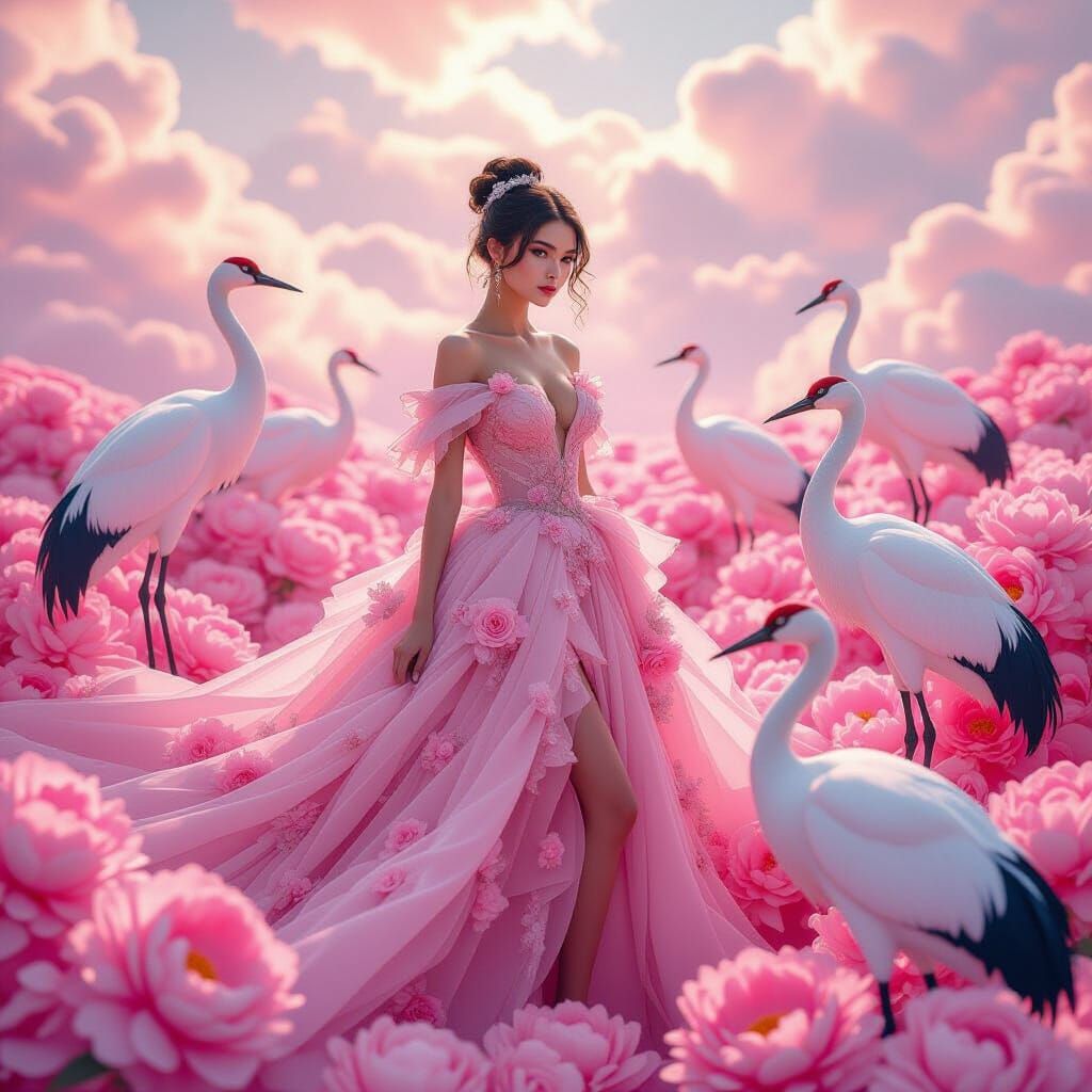 Woman in Pink Gown Surrounded by Cranes: Dreamlike Digital A...