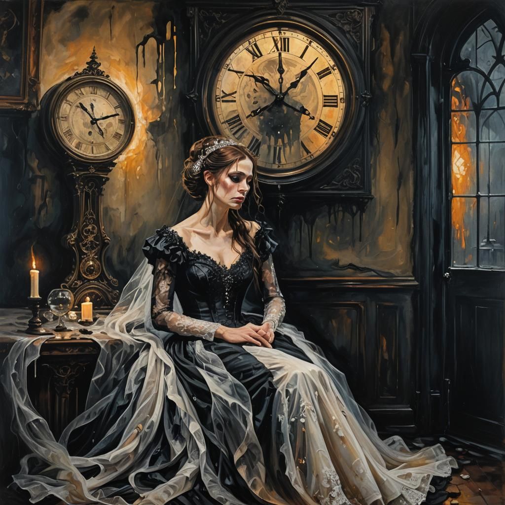 Gothic Bride in Black Gown Oil Painting