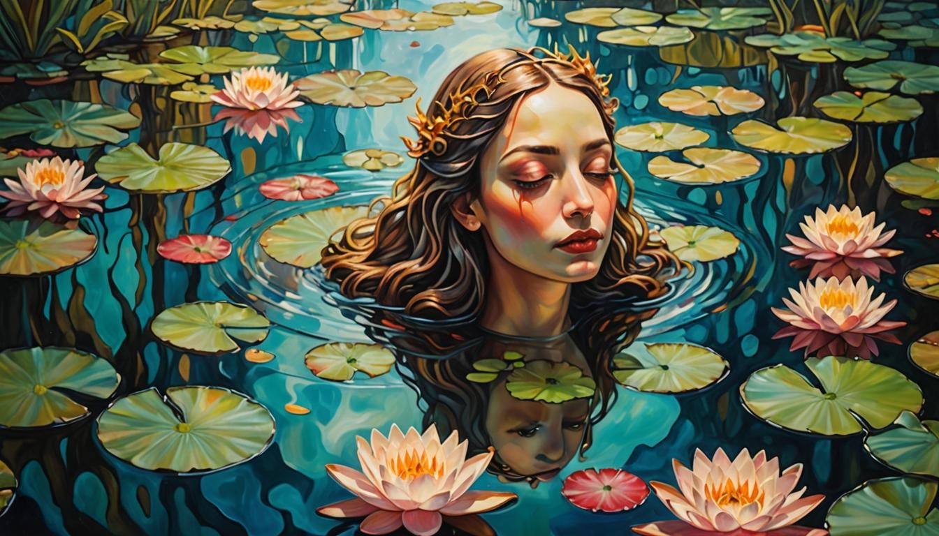 Goddess on Stained Glass Pond in Surreal Style