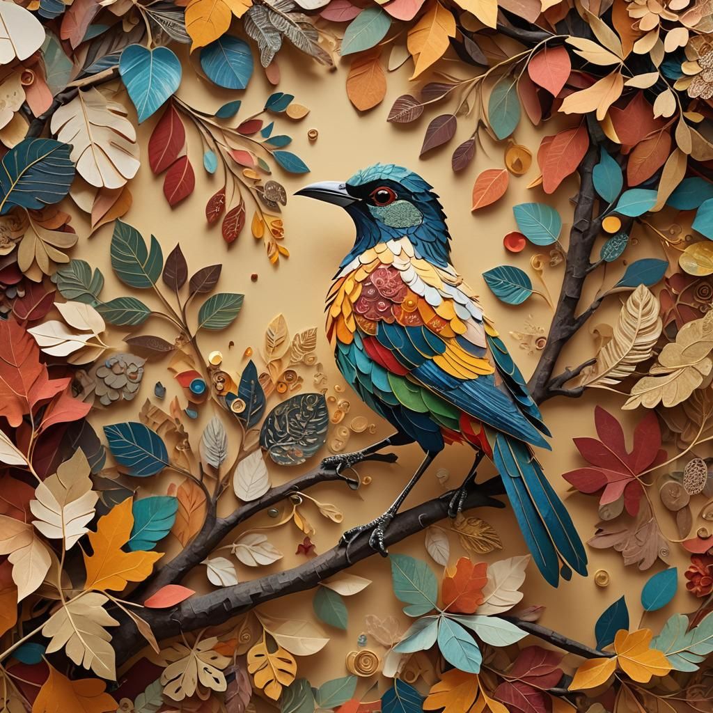 Autumnal Paradise Bird in Paper Collage Art