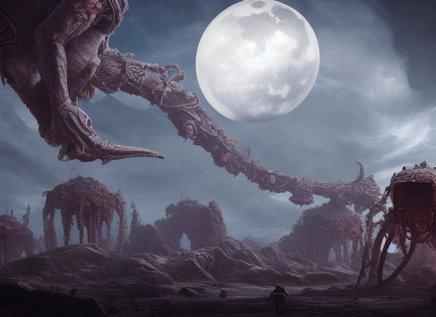 Ruined Alien Moon Base with Ornate Heads