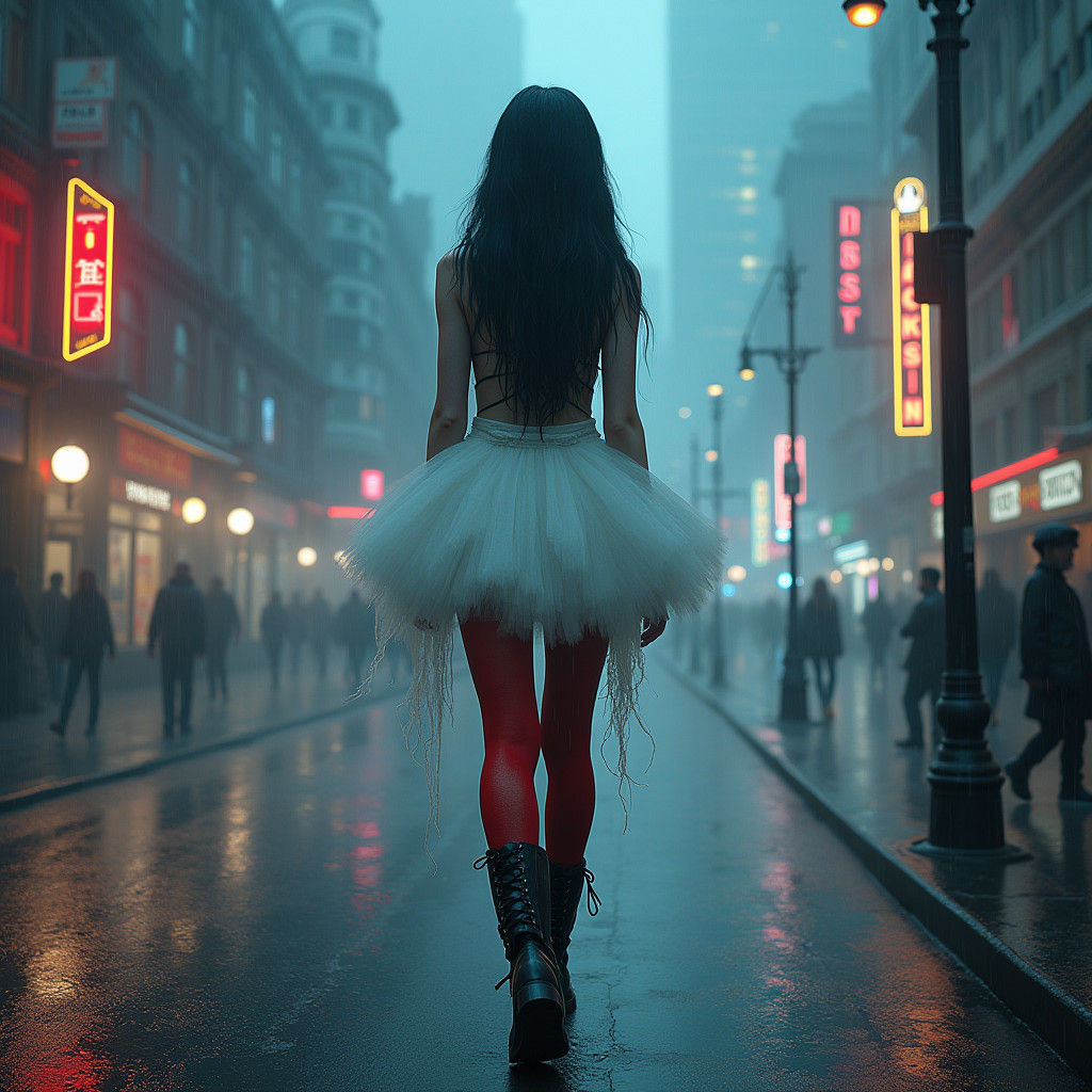 Goth Girl in Rainy London: Dystopian Matte Painting