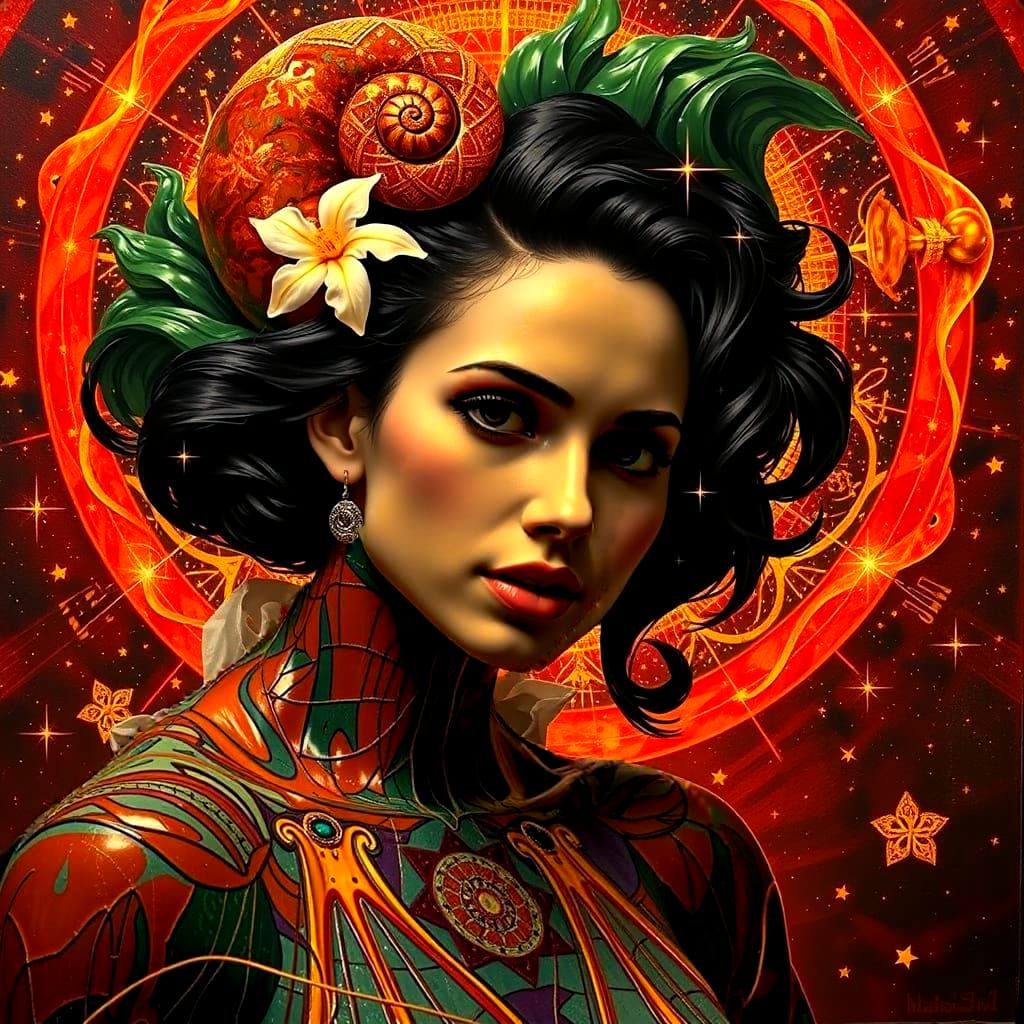 Woman with Jasmine and Fractal Patterns in Starry Sky