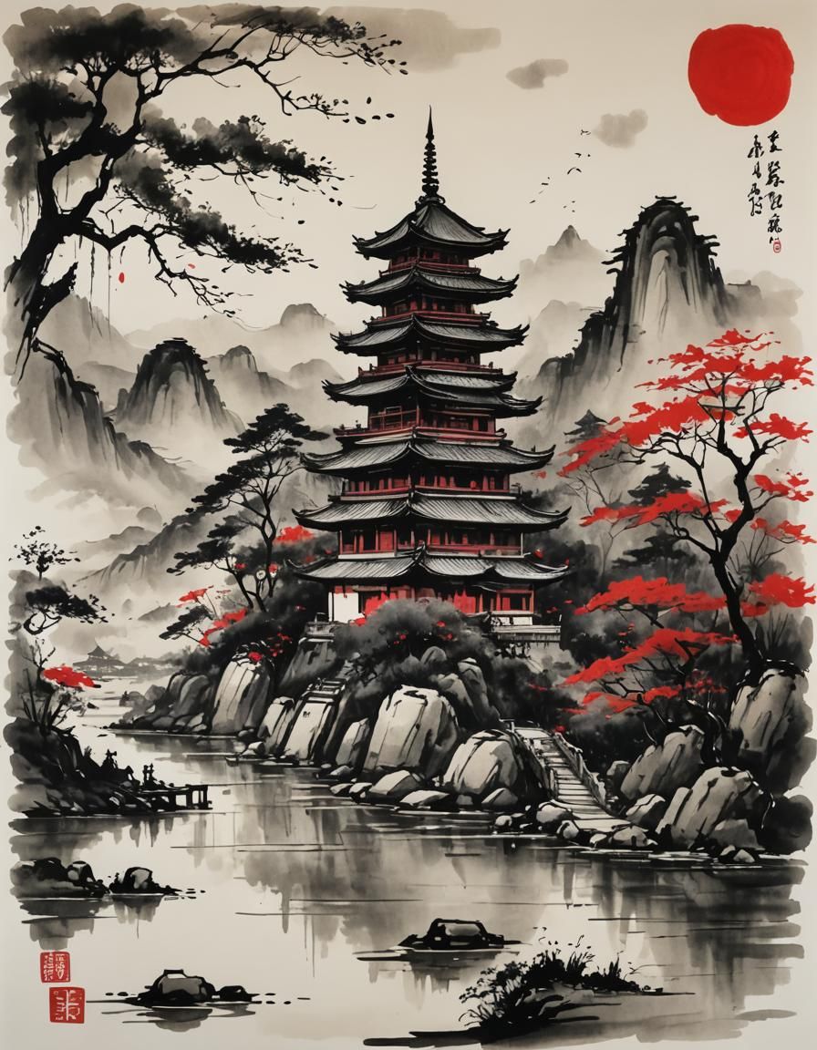 Buddhist Pagoda Landscape in Black and Red Ink