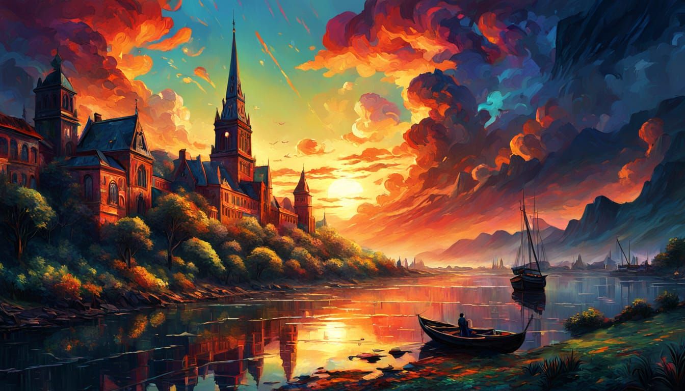 Dramatic Sunset in Expressionist Oil Painting Style