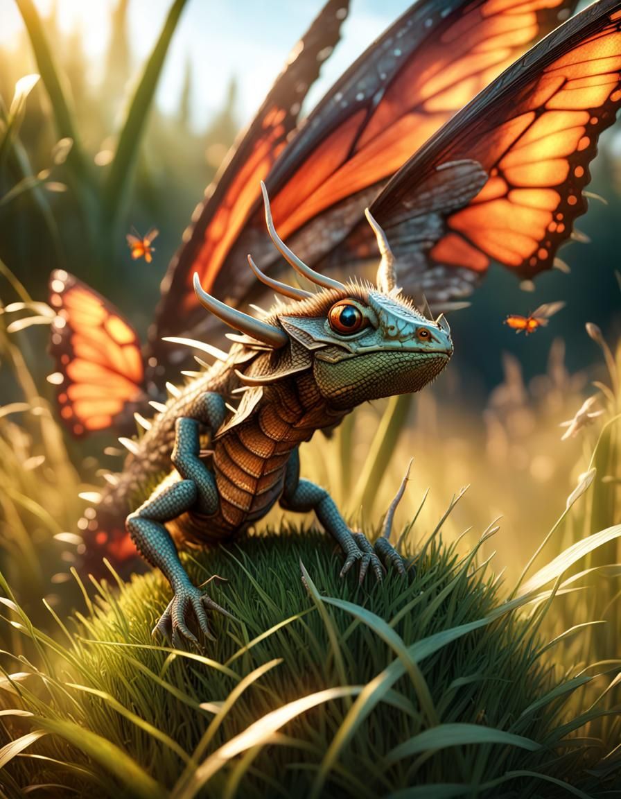 Tiny Dragon Hiding from Butterfly, Hyperrealistic 3D Render