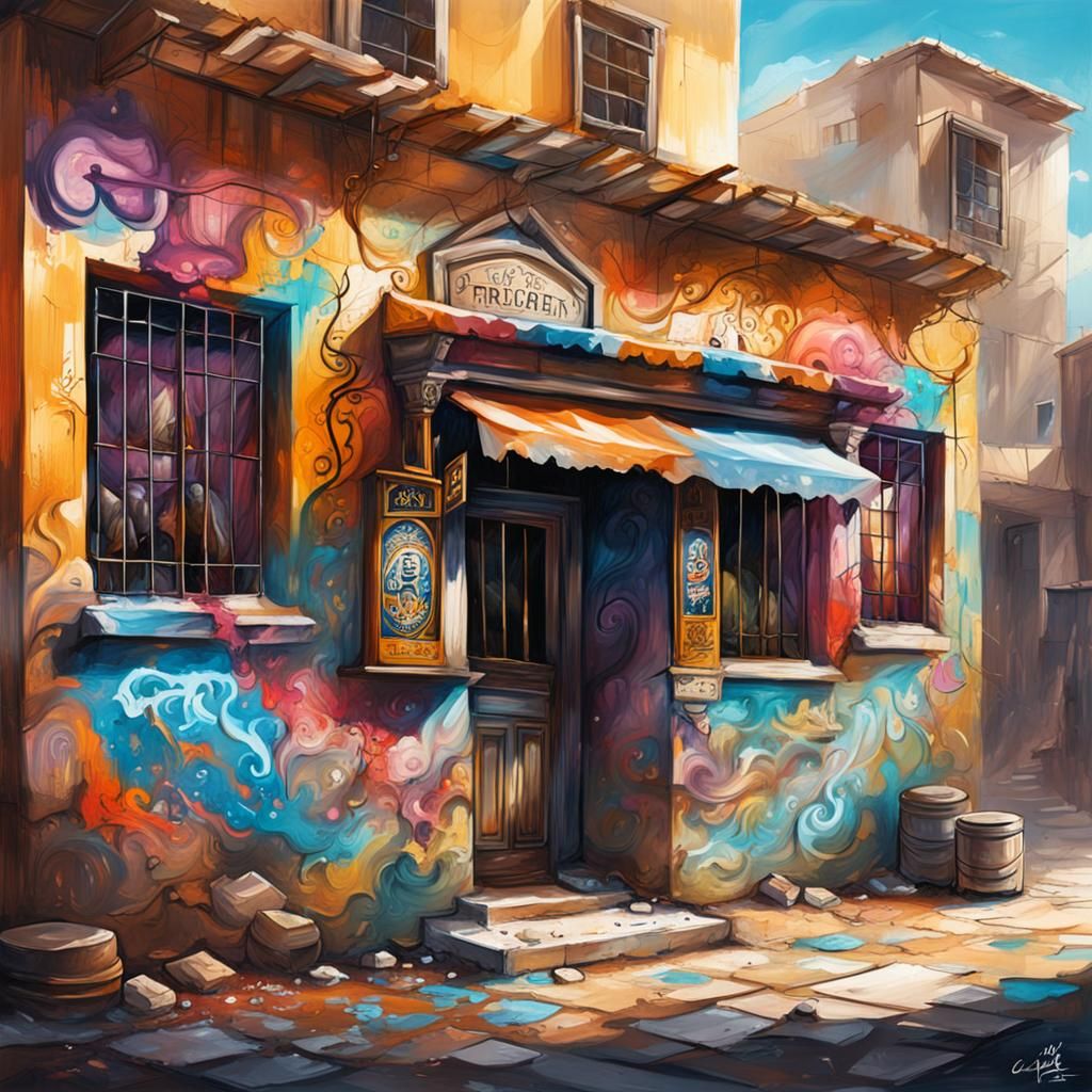 Abandoned Greek Pub in Graffiti Splash Art Style