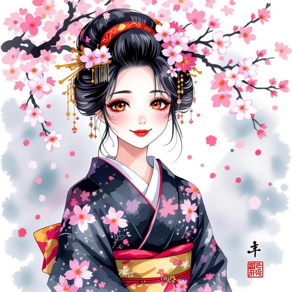 Geisha in Gothic Kimono Under Cherry Blossoms