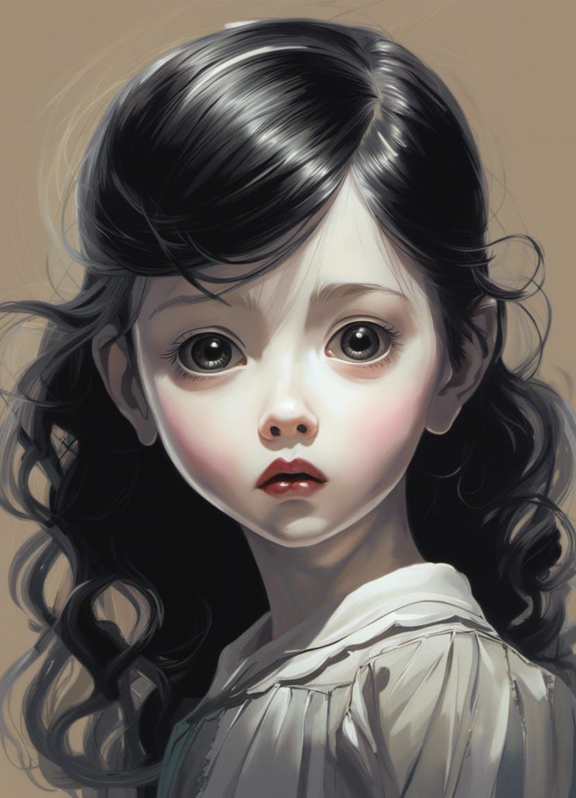 Creepy Cracked Porcelain Doll Portrait in Monochrome