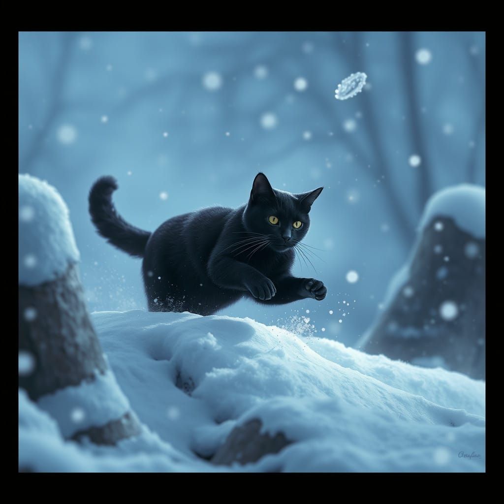 Whimsical Black Cat in Snowy Wonderland