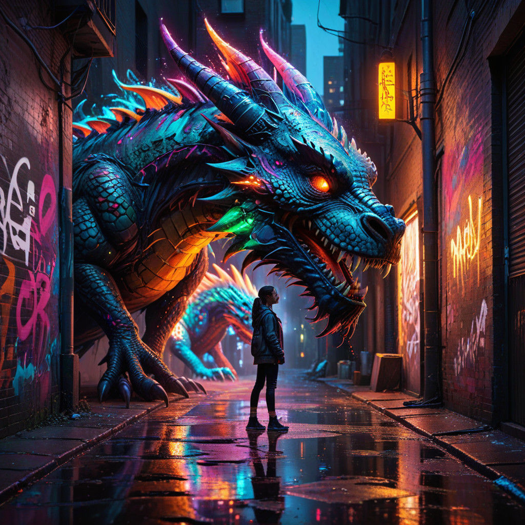 Vibrant Street Art in Urban Alleyways, Girl and Dragon