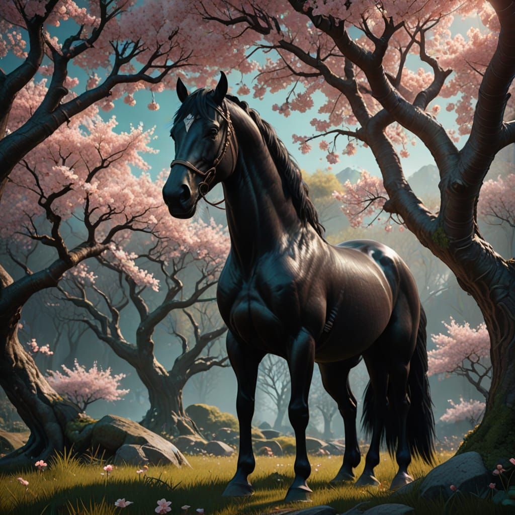 Majestic Black Horse Amidst Vibrant Cherry Blossoms