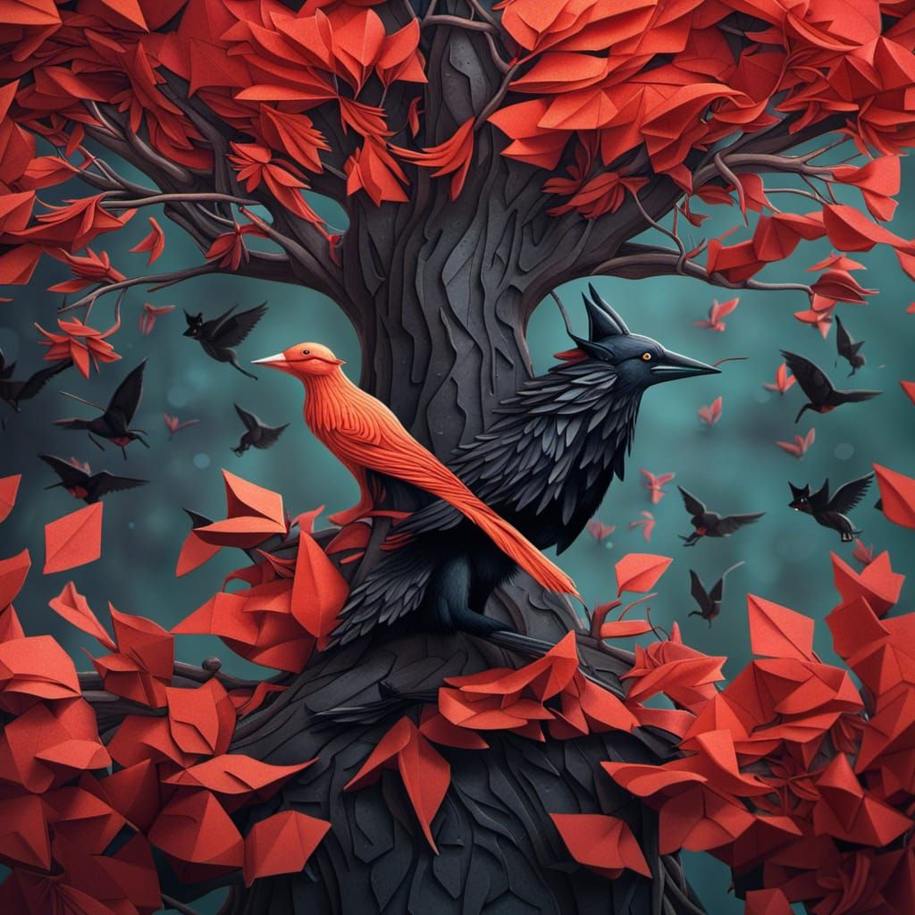Crow and Fox Fable in Origami Style